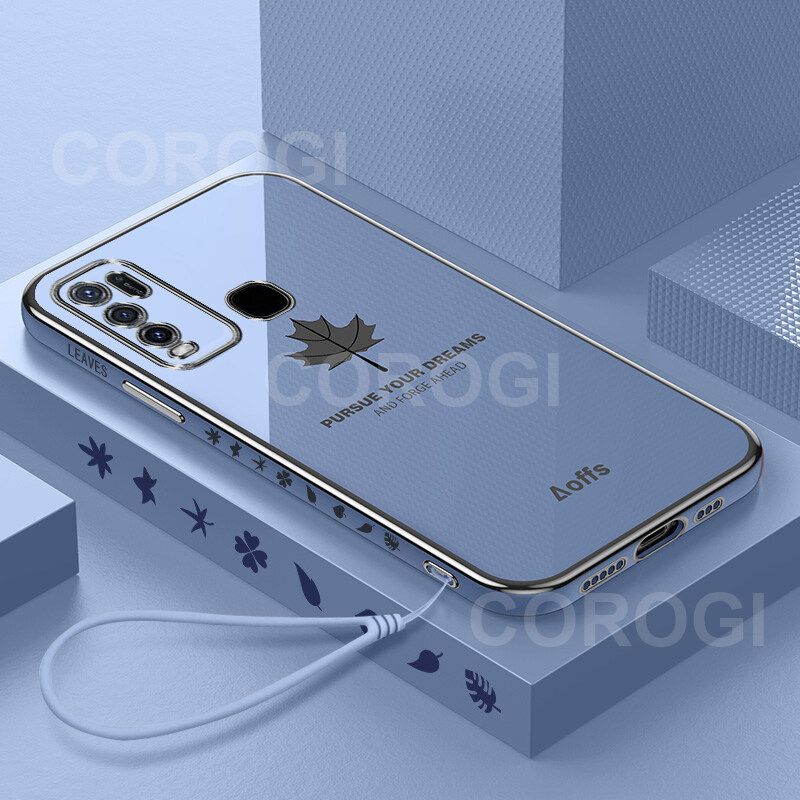 For Vivo Y30 Cover + Wrist Strap Fashion Shiny Maple leaf Plating Square Bumper Phone Case Soft TPU Silicone Shockproof Protective Back Cover