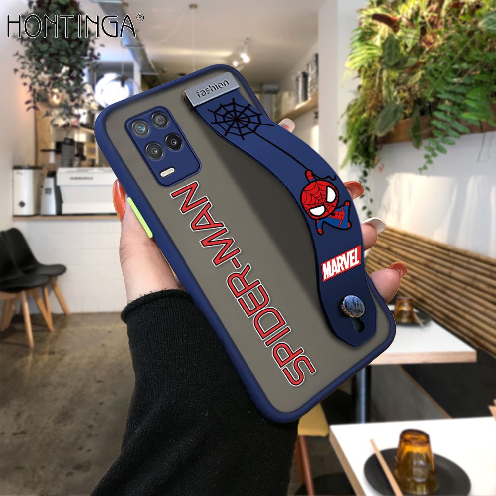 Hontinga for Realme 8 5G Back Cover With Wristband Cartoon Spiderman Phone Casee Full Lens Protection Thin Frosted Cases