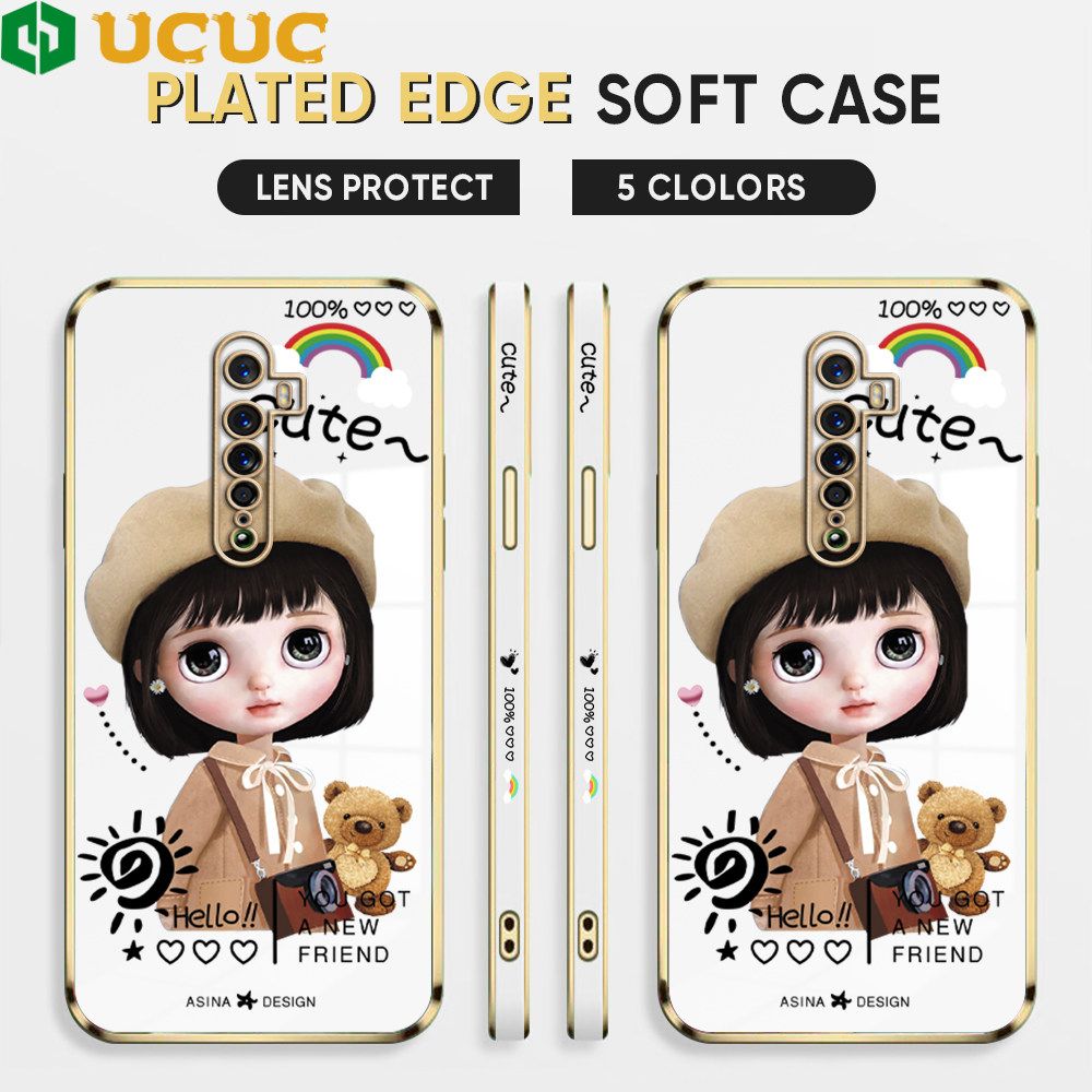 UCUC for OPPO Reno 2F 2Z Back Cover + Free Lanyard Sunshine Girl Luxury 6D Plating Case Side Pattern Soft Silicone Square Phone Cases