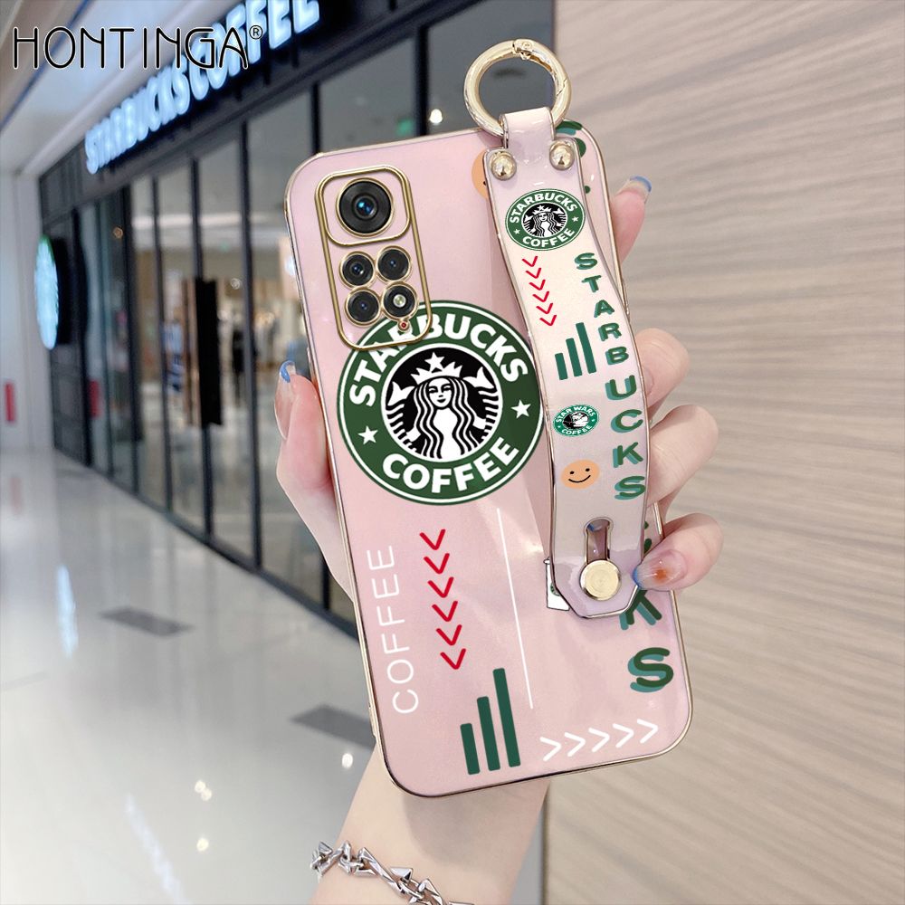 Hontinga for Redmi Note 11 4G / Note 11S Back Cover With Wristband Luxury 6D Plating Coffee Sign Case Soft Silicone Square Phone Cases