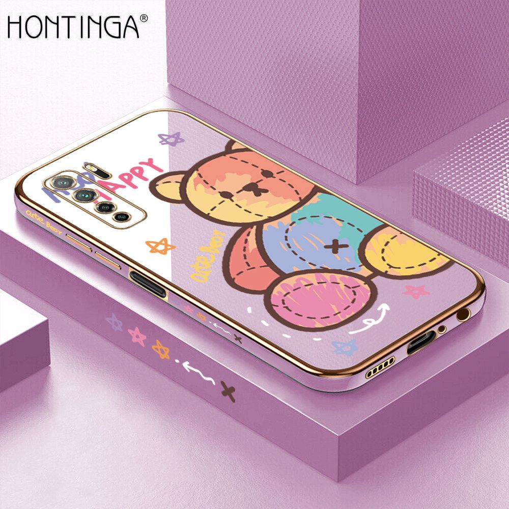 Hontinga for Huawei Nova 7 SE Back Cover + Free Lanyard Luxury 6D Plating Alphabet Rainbow Side Pattern Case Soft Silicone Square Mobile Cover