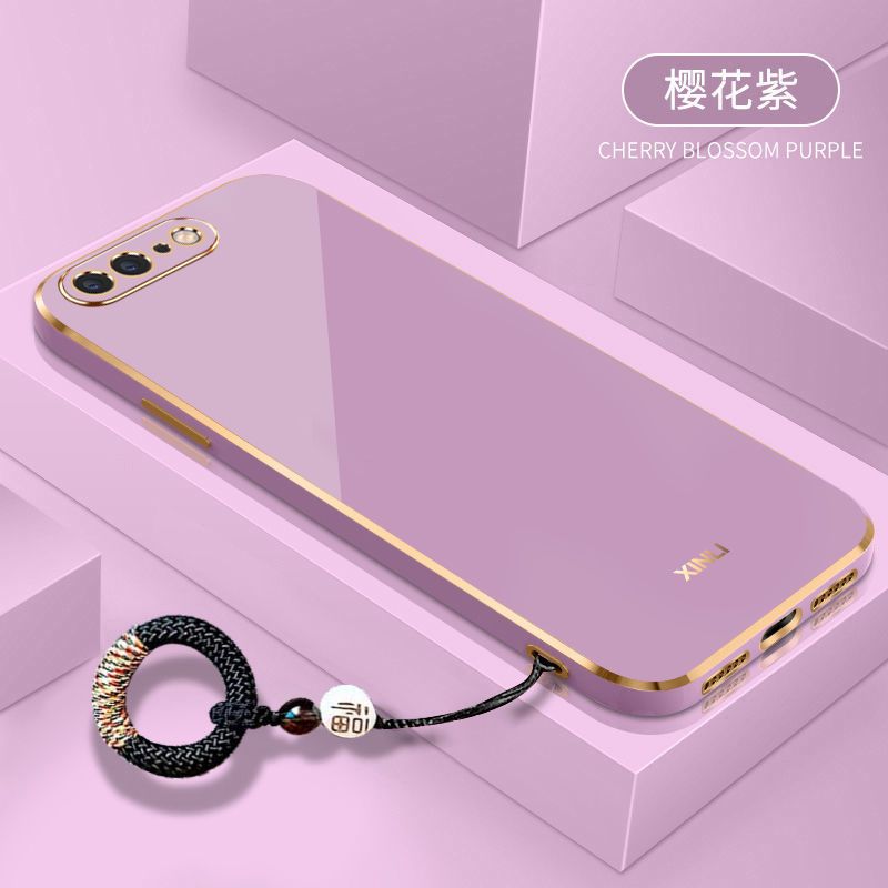 For iPhone 8 Plus / iPhone 7 Plus Back Cover with Non-Slip Rope Pull Ring Shiny Plating Square Bumper Protective Case Camera Lens Protection Soft Silicone Shockproof Mobile Phone Cases