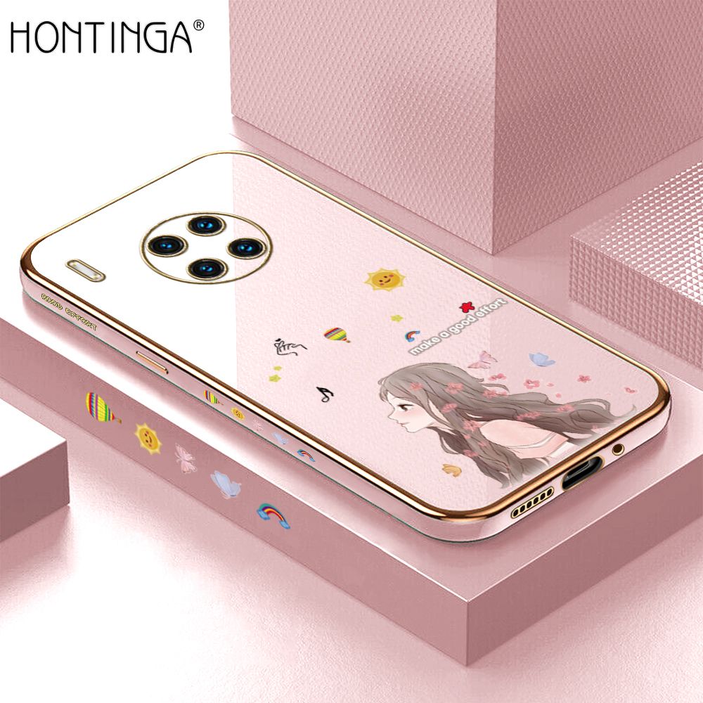 Hontinga for Huawei Mate 30 Pro Back Cover + Free Lanyard Luxury 6D Plating Sunshine Girl Side Pattern Case Soft Silicone Square Phone Cases