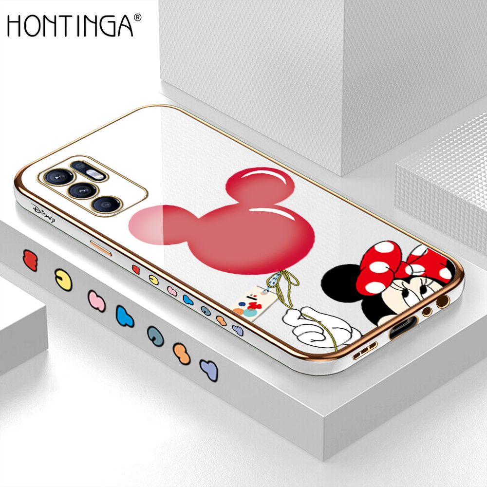 Hontinga for OPPO Reno6 Back Cover + Free Lanyard Luxury 6D Plating Cartoon Balloon Mouse Side Pattern Case Soft Silicone Square Mobile Cover