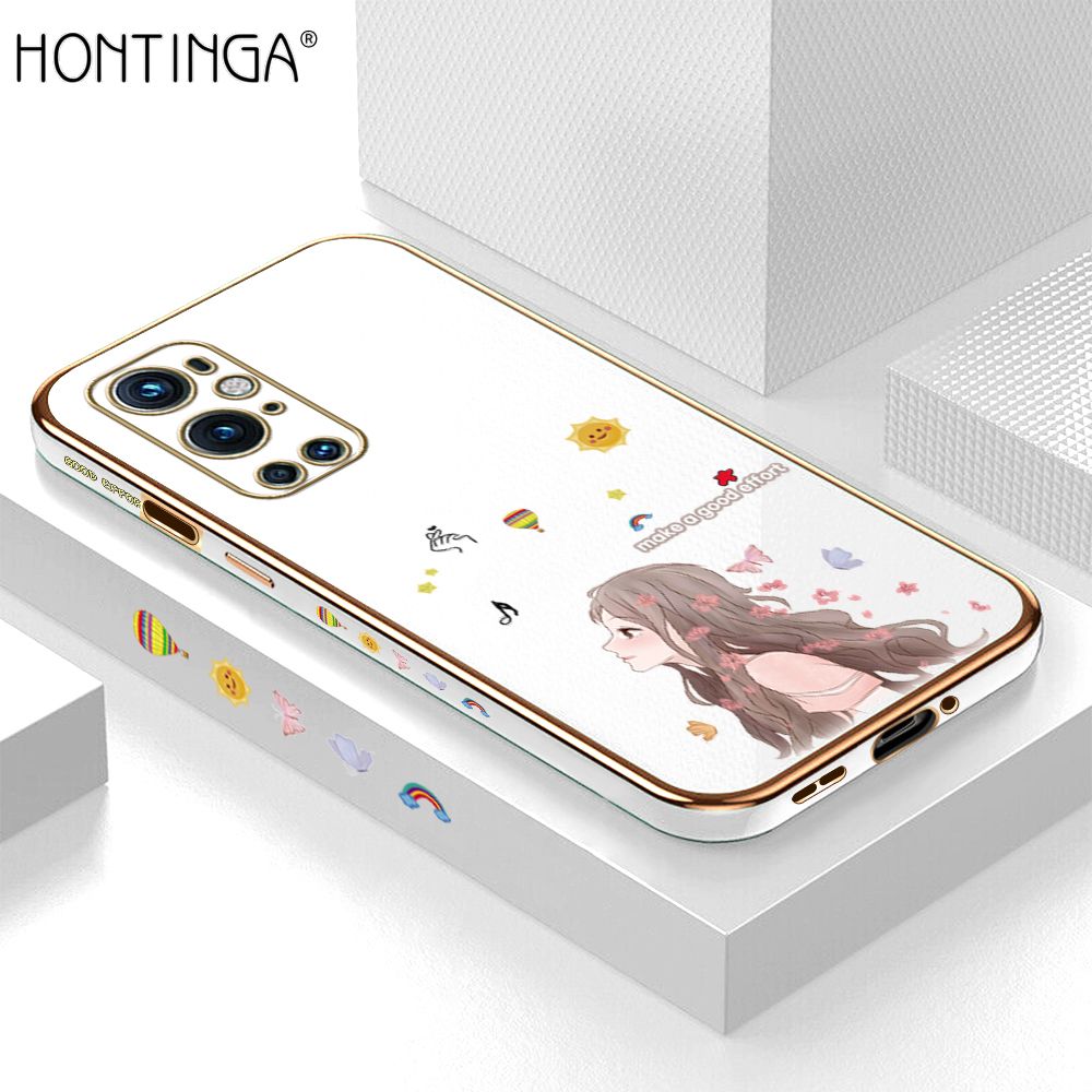 Hontinga for OnePlus 9 Pro Back Cover + Free Lanyard Luxury 6D Plating Sunshine Girl Side Pattern Case Soft Silicone Square Phone Cases