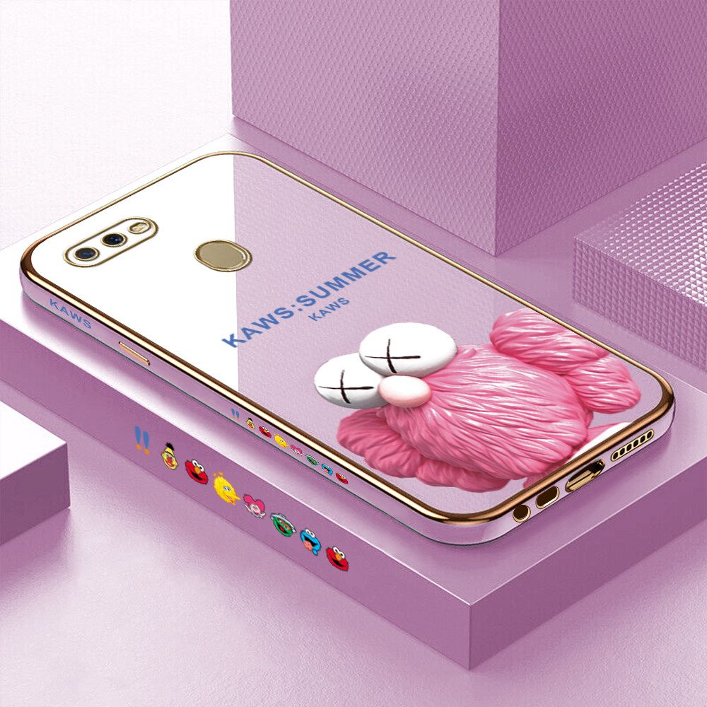 Luxury 6D Plating Soft Casing Silicone Square Frame Phone Case For OPPO A5S Case Shiny Bling Back Cover Cartoon Pink Doll Square Edge Pattern Design Soft Case + Free Lanyard