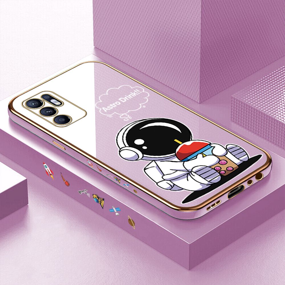 Luxury 6D Plating Case for OPPO Reno6 Cute Cartoon Happy Astronaut Side Pattern Back Cover Soft Silicone Square Phone Cases + Free Lanyard