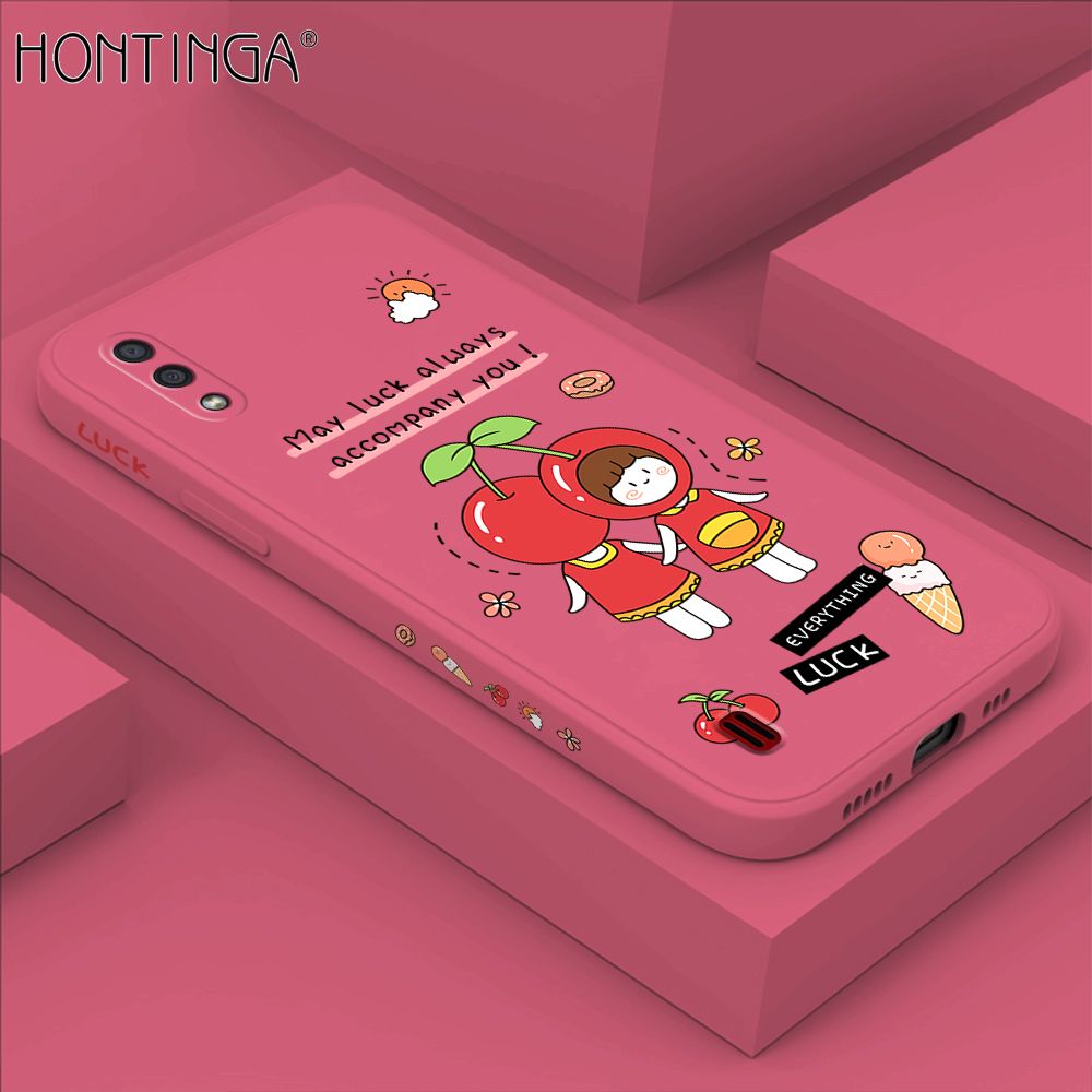 Hontinga for Samsung A01 Case Side Design Cute Cherry Girl Back Cover Soft Square Edge Pattern Liquid Silicone Trend Phone Cases