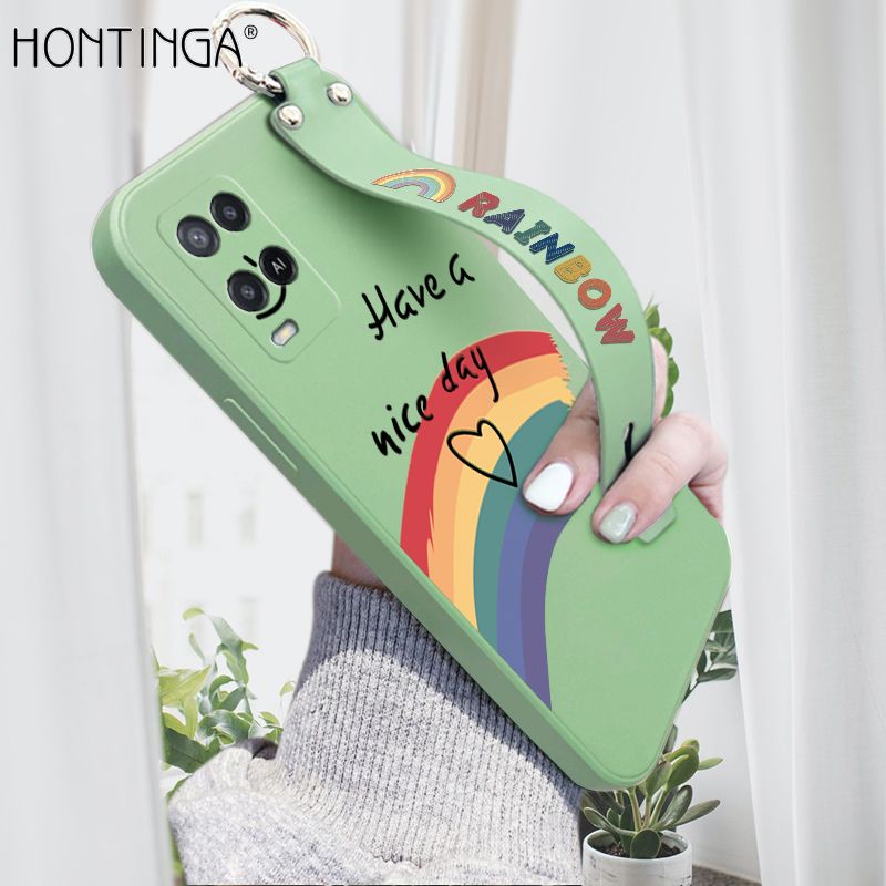 Hontinga for OPPO A54 / A54 2021 Wrist Strap Case Lovely Graffiti Rainbow Smile Thin Phone Cover Square Edge Liquid Silicone Creativity Phone Case