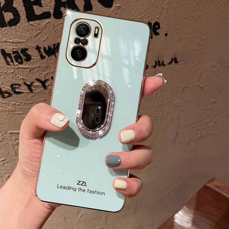 For Xiaomi Mi 11X Back Cover + Rhinestone Ring Holder Stand Shiny Plating Square Bumper Girls Phone Case Soft TPU Silicone Shockproof Protective Cover