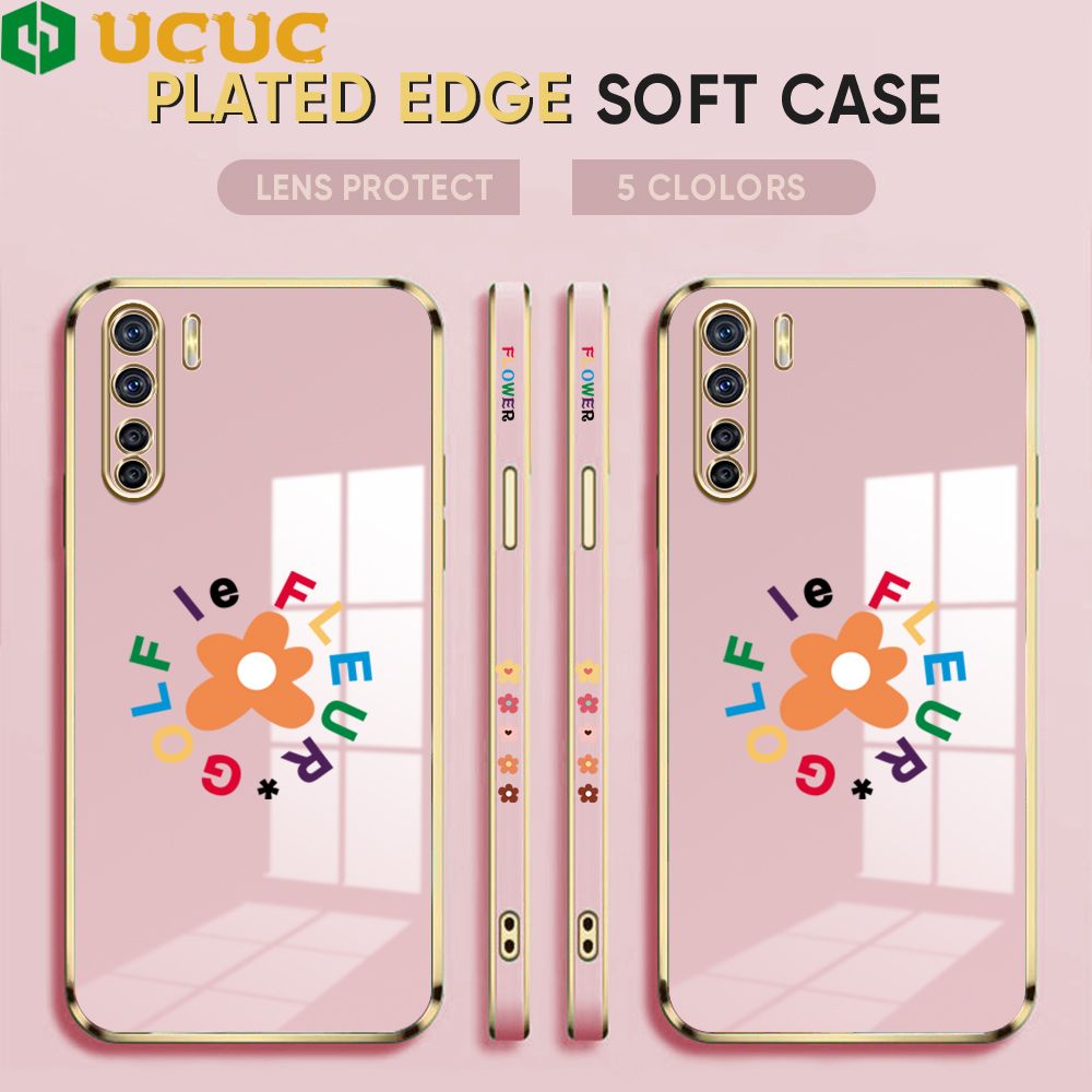 UCUC for OPPO F15 / A91 / Reno3 Back Cover + Free Lanyard Colorful Flower Luxury 6D Plating Case Side Pattern Soft Silicone Square Phone Cases