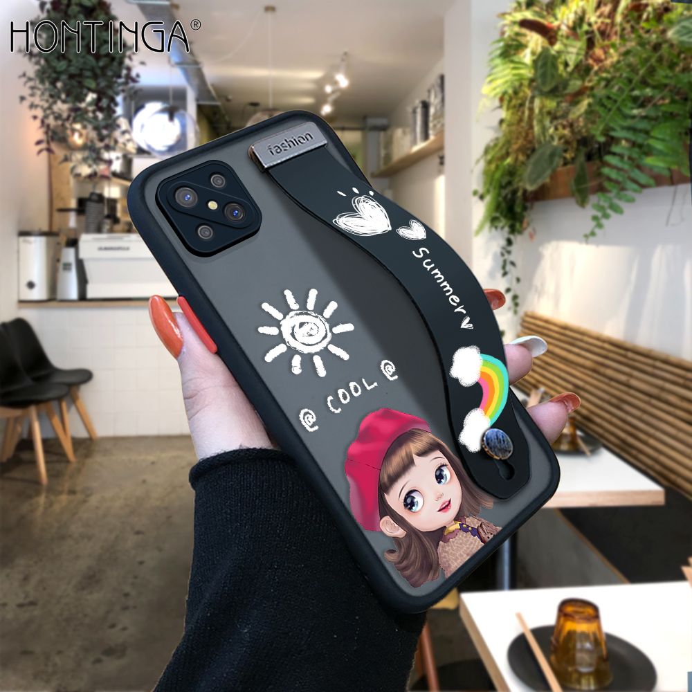 Hontinga for OPPO Reno4 Z 5G Back Cover With Wristband Cute Red Hood Girl Phone Casee Full Lens Protection Thin Frosted Cases