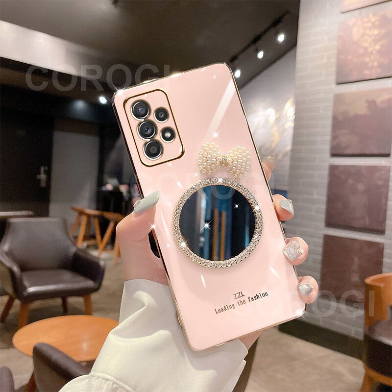 For Samsung Galaxy A52 Back Cover + Bowknot Makeup Mirror Fashion Shiny Plating Square Bumper Bling Girls Phone Case Soft TPU Silicone Shockproof Back Cover