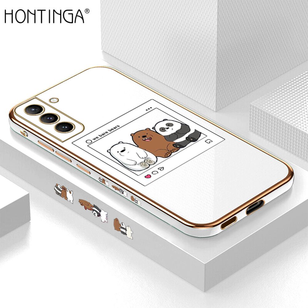 Hontinga for Samsung S21 Plus 5G Back Cover + Free Lanyard Luxury 6D Plating Photo three bears Side Pattern Case Soft Silicone Square Mobile Cover