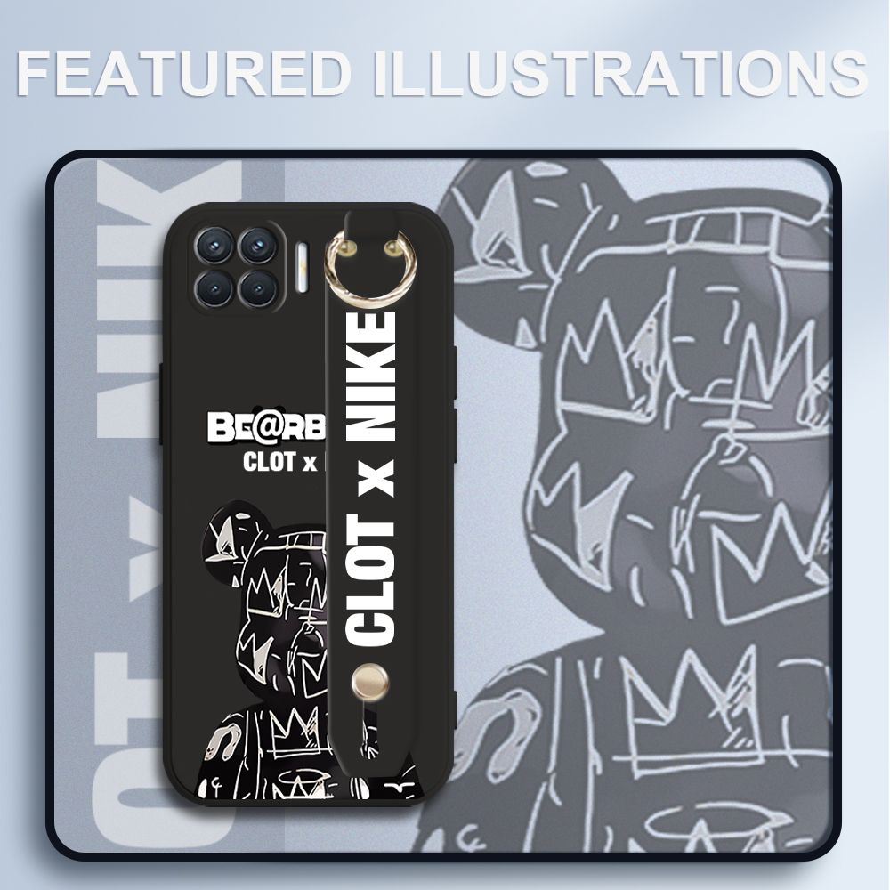 UCUC for OPPO A93 2020 Wrist Strap Case Creative Cartoon Black Stitching Bear Cover Ultra Thin Anti Fall Liquid Silicone Phone Case