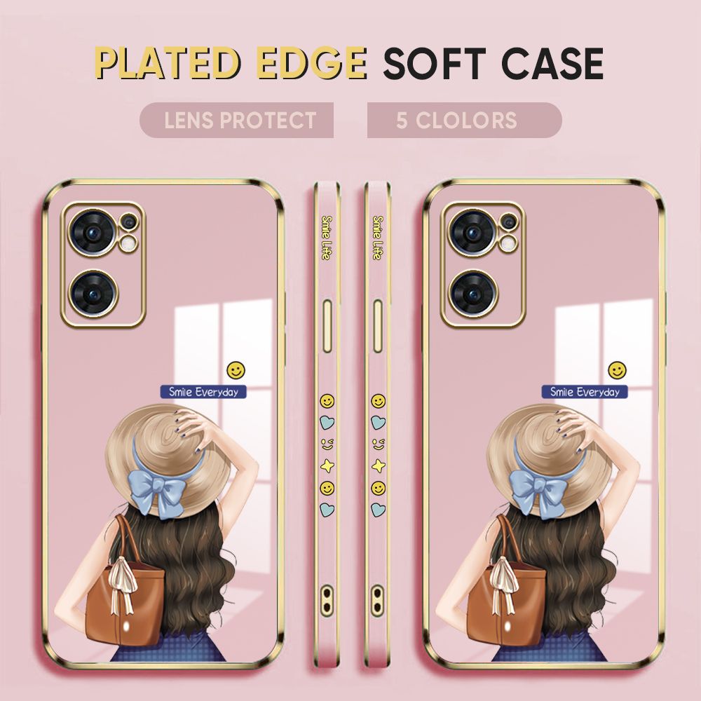 Luxury 6D Plating Case for OPPO Reno7 5G Back Cover Cartoon Hat Girl Side Print Soft Silicone Square Phone Cases