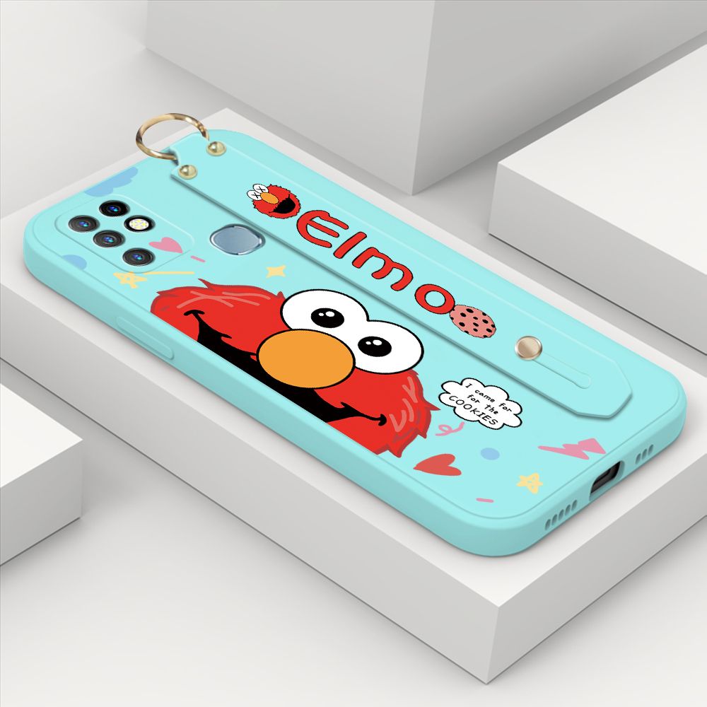 ZeroQiQi for Infinix Hot 10 Wrist Strap Case Cute Cute Cartoon Little Monster Phone Cover Square Edge Liquid Silicone Case Full Cover Camera Shockproof Protective Cases