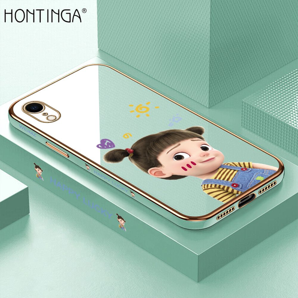 Hontinga for iPhone XR Back Cover + Free Lanyard Luxury 6D Plating Cute Cartoon Happy Girl Side Pattern Case Soft Silicone Square Phone Cases