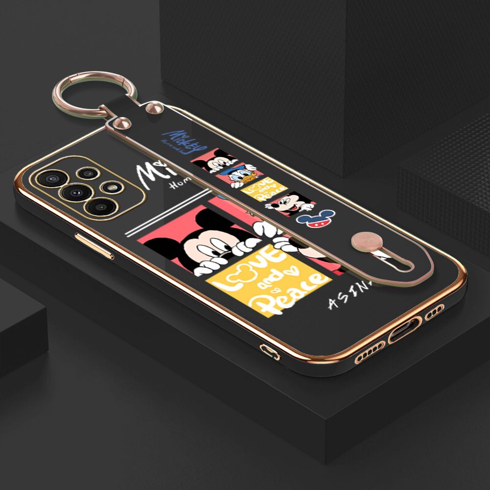 Jizetin for Samsung Galaxy A23 Back Cover Lovely Mouse Luxury 6D Plating Wrist Strap Phone Cases Soft Silicone Square Mobile Phone Case