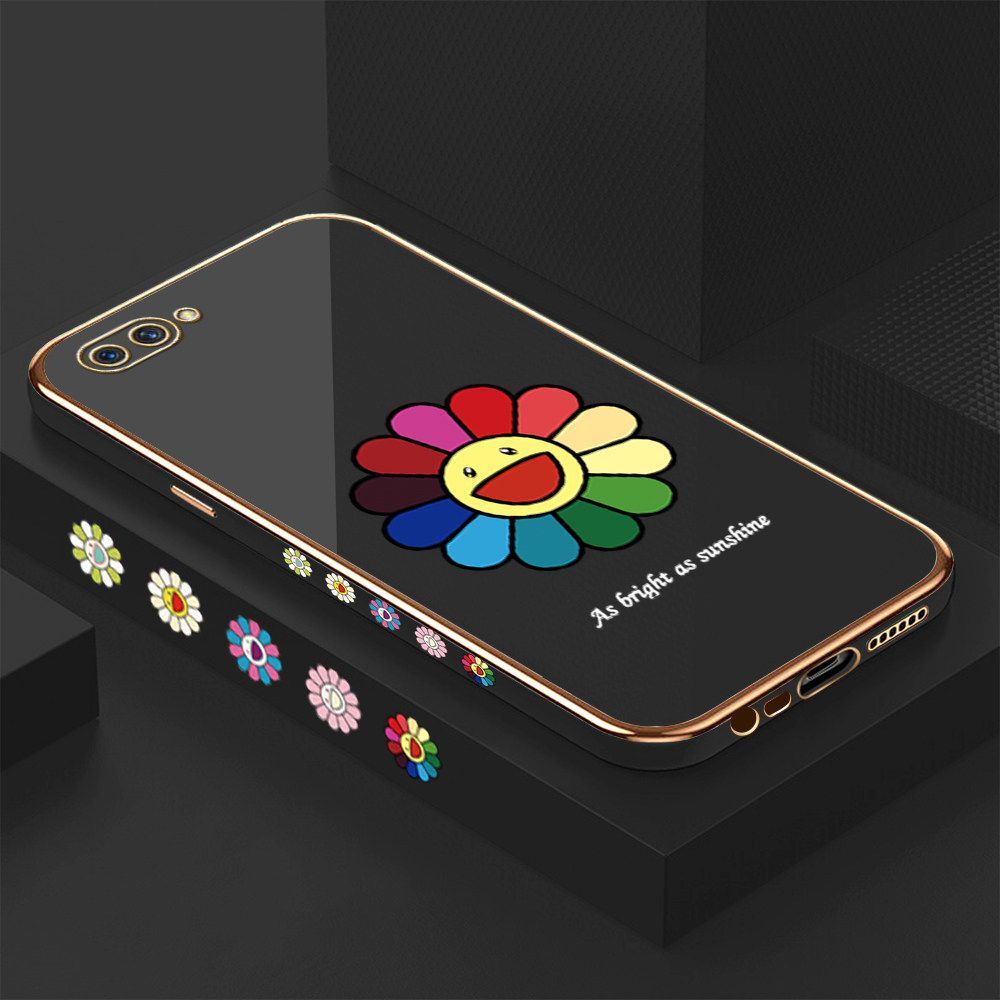 Luxury 6D Plating Case for OPPO A12E Colored Sunflower Side Pattern Back Cover Soft Silicone Square Frame Shiny Bling Phone Cases + Free Lanyard