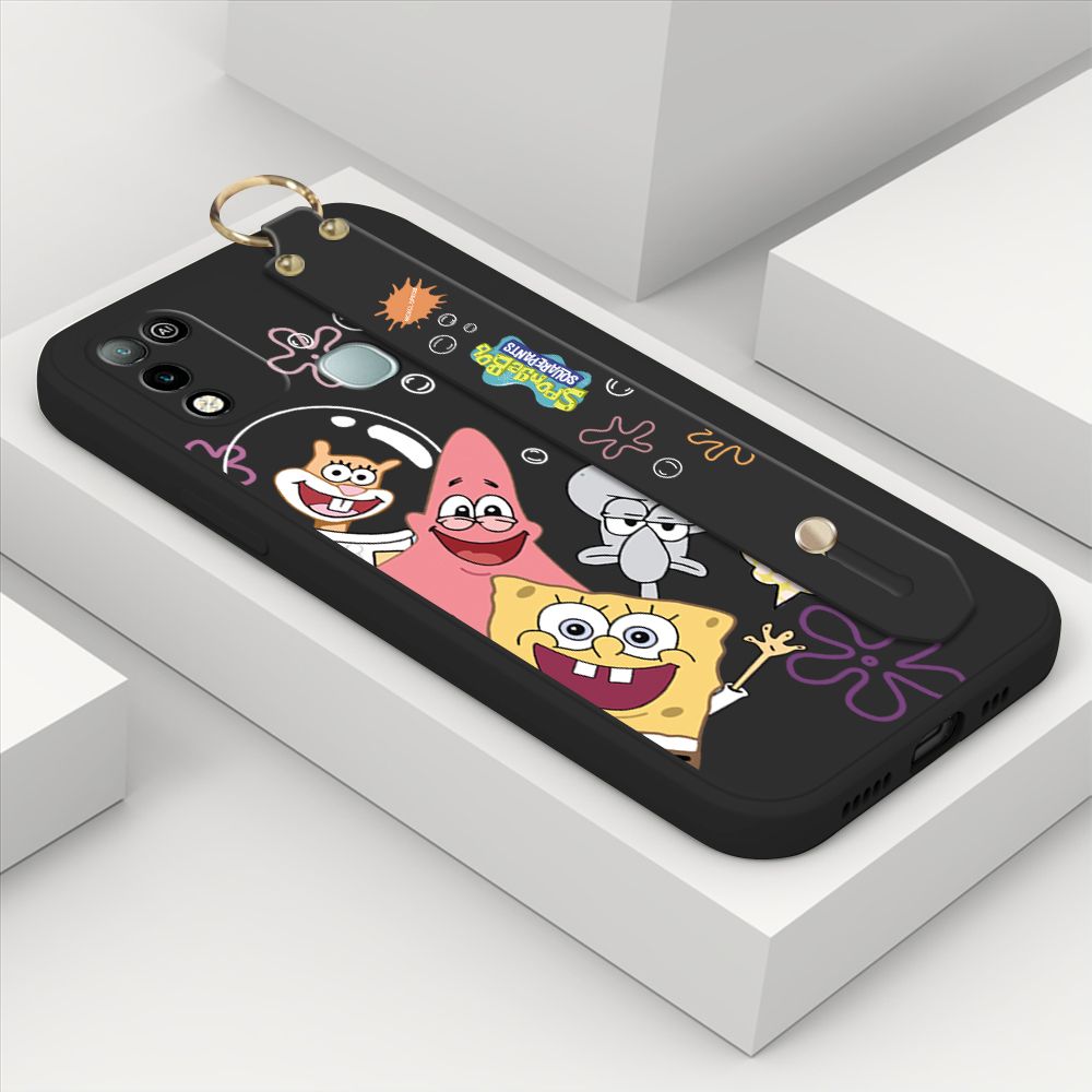 ZeroQiQi for Infinix Hot 10 Play Wrist Strap Case Cute Cute Funny Cartoon Sponge for Square Pants Cover Square Edge Liquid Silicone Anti-drop Phone Case