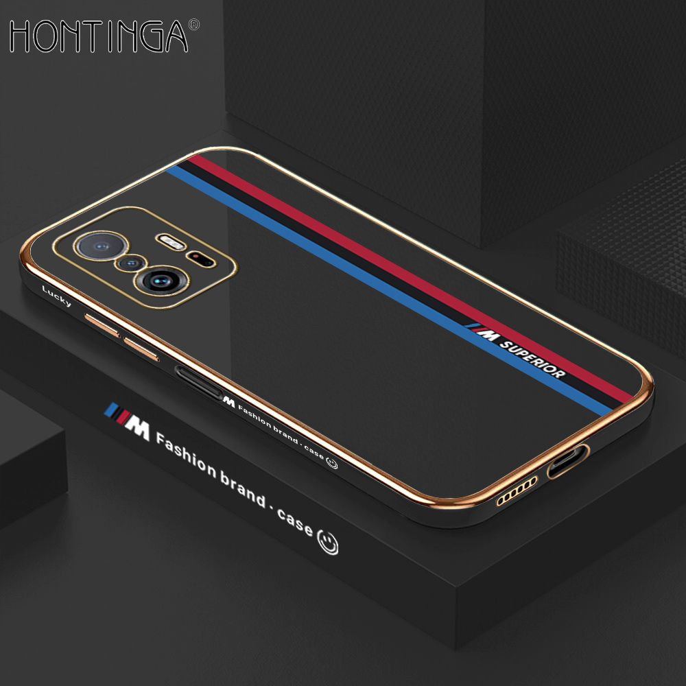 Hontinga for Xiaomi 11T / 11T Pro Back Cover + Free Lanyard Luxury 6D Plating Fashion Racing Side Pattern Case Soft Silicone Square Mobile Cover