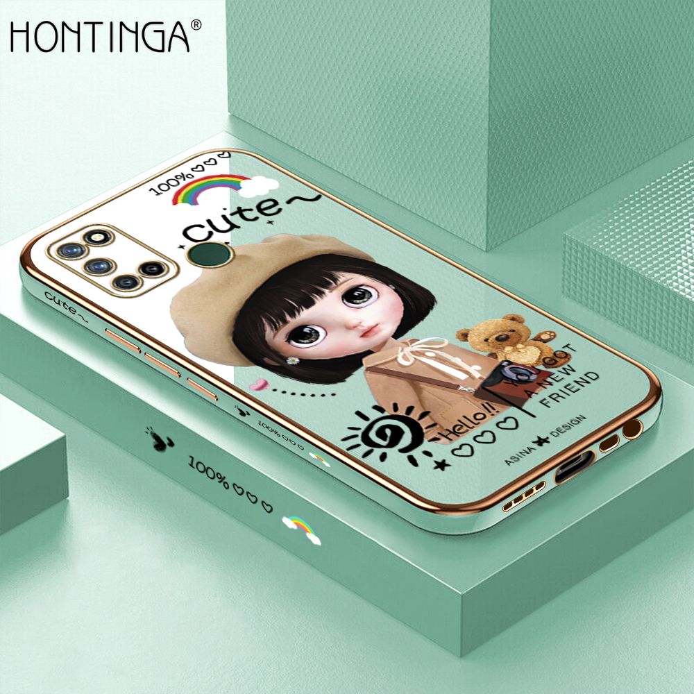 Hontinga for Realme 7I C17 Case Luxury 6D Plating Cute Satchel Girl Side Pattern Soft Back Cover Silicone Square Phone Cases