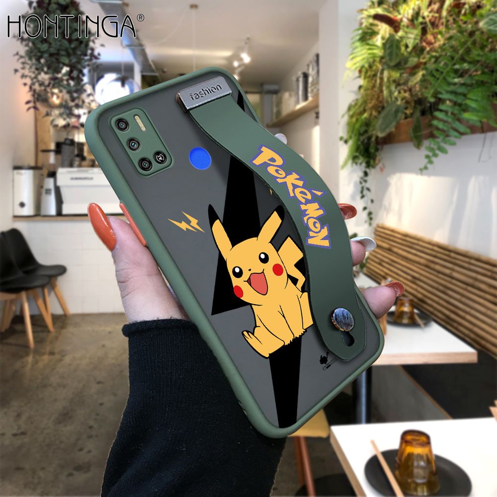 Hontinga for Tecno Spark 5 Air / Spark 6 Air Back Cover With Wristband Cartoon Pikachu Phone Casee Full Lens Protection Thin Frosted Cases