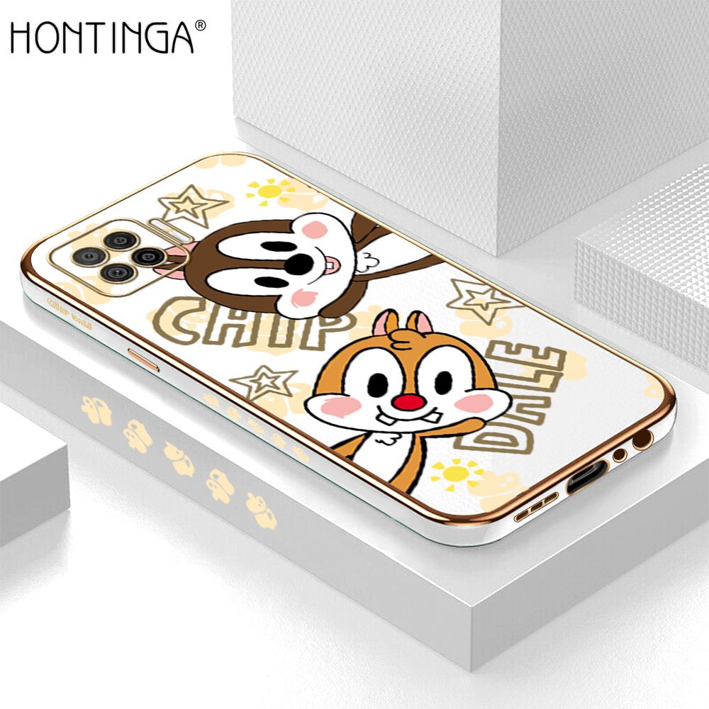 Hontinga for OPPO F17 A73 2020 Back Cover + Free Lanyard Luxury 6D Plating Cute Cartoon Rat Side Pattern Case Soft Silicone Square Phone Cases