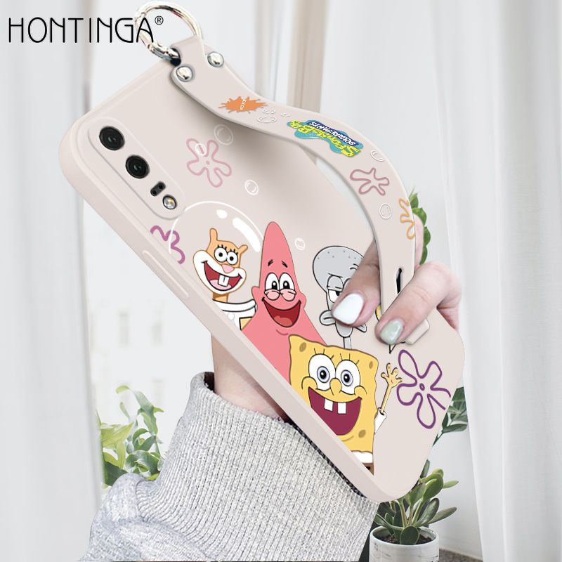 Hontinga for Huawei P20 Wrist Strap Case Cute Cute Funny Cartoon Sponge for Square Pants Cover Square Edge Liquid Silicone Anti-drop Phone Case