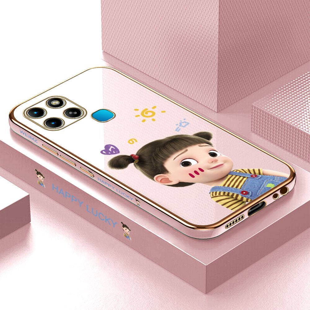ZeroQiQi for Infinix Smart 6 Back Cover Cute Girl Luxury 6D Plating Case Side Pattern Soft Silicone Square Mobile Phone Cases + Free Lanyard