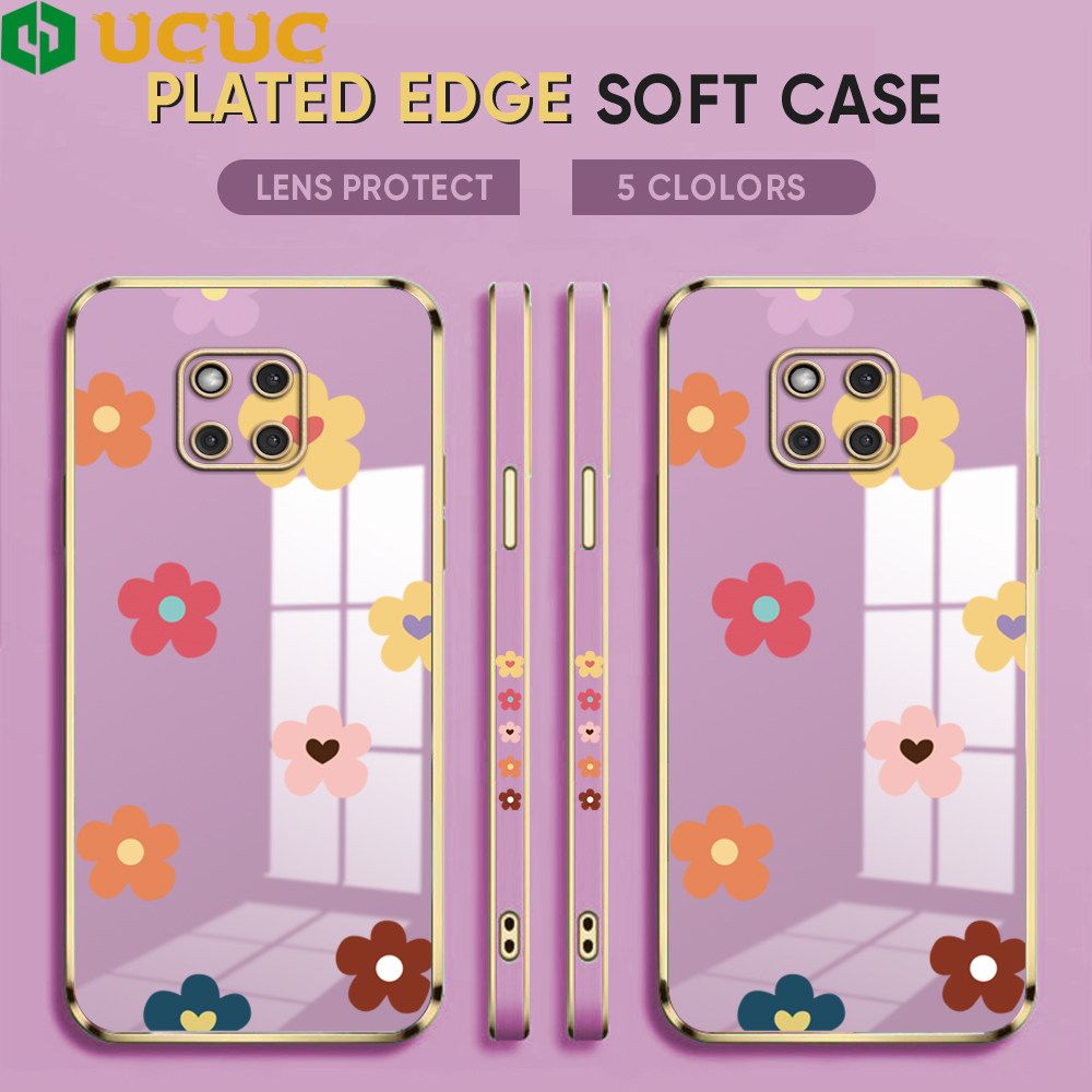 UCUC for Huawei Mate 20 Pro Back Cover + Free Lanyard INS Style Flower Luxury 6D Plating Case Side Pattern Soft Silicone Square Phone Cases