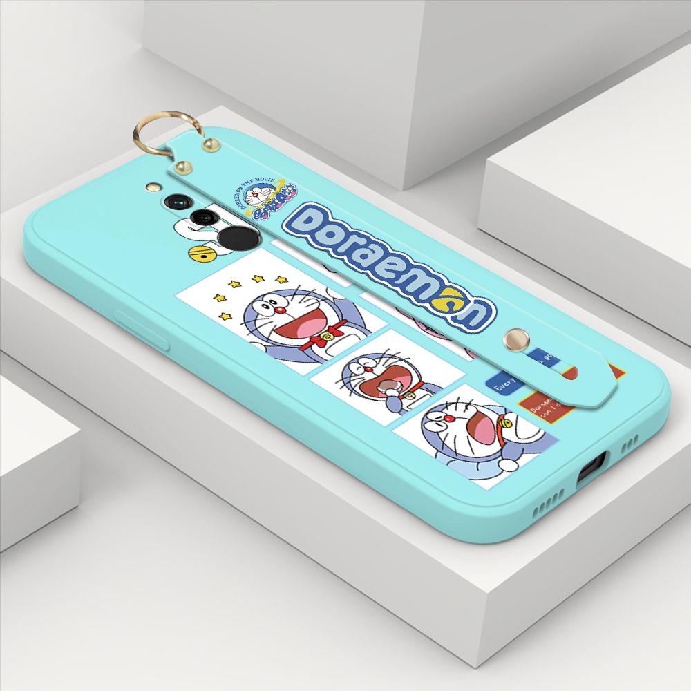 Hontinga for Xiaomi Redmi 8 Wrist Strap Case Cute Cute Cartoon Blue Cat Daily Life Cover Square Edge Liquid Silicone Creative Phone Protective Cases