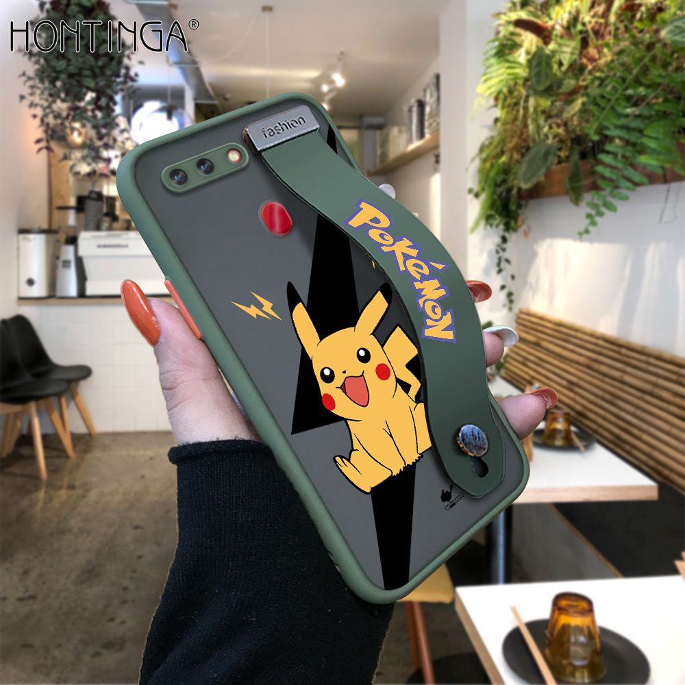 Hontinga for OPPO R15 Back Cover With Wristband Cartoon Pikachu Phone Casee Full Lens Protection Thin Frosted Cases