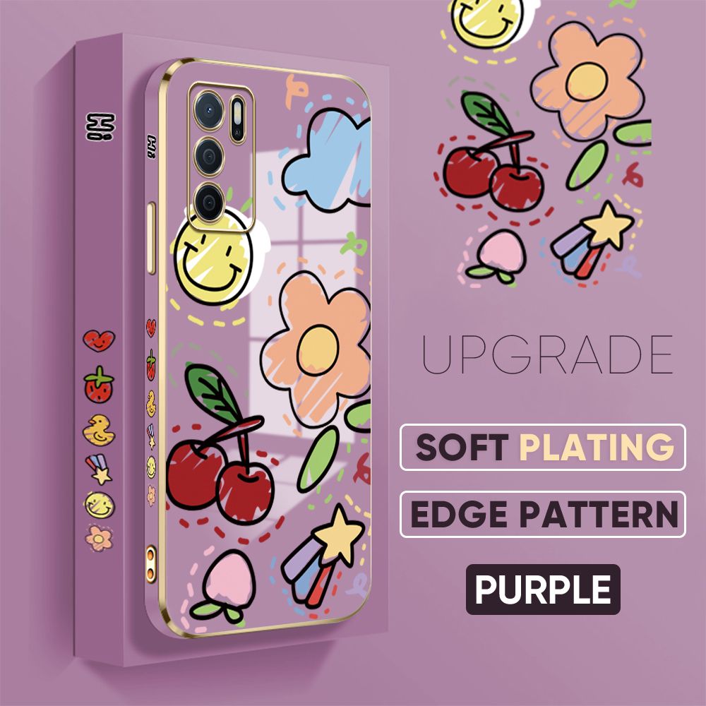 TA for OPPO A16 Back Cover + Free Lanyard Colorful Fruit Painting Luxury 6D Plating Case Side Pattern Soft Silicone Square Phone Cases