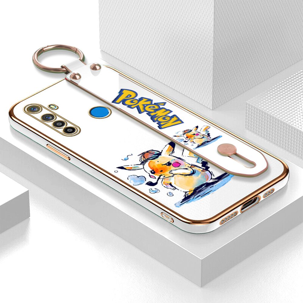 UCUC for Realme 5 / 5i / 5S / 6i Wrist Strap Back Cover + Free Lanyard Pikachu Fashion Luxury 6D Plating Soft Casing Silicone Square Frame Phone Case