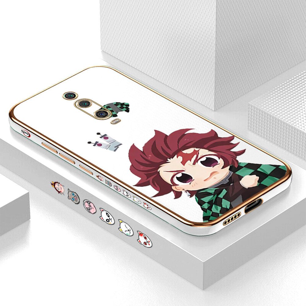 Luxury 6D Plating Case for Xiaomi 9T Cartoon Anime Tanjirou Side Pattern Back Cover Soft Silicone Square Frame Shiny Bling Phone Cases + Free Lanyard