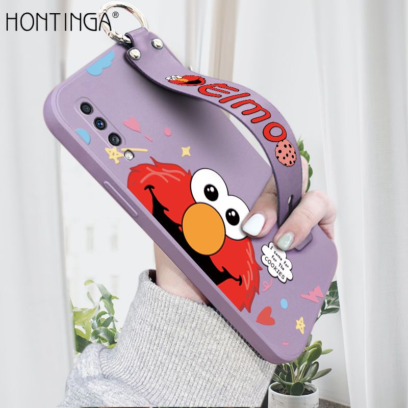 Hontinga for Samsung Galaxy A70S Wrist Strap Case Cute Cute Cartoon Little Monster Phone Cover Square Edge Liquid Silicone Case Full Cover Camera Shockproof Protective Cases