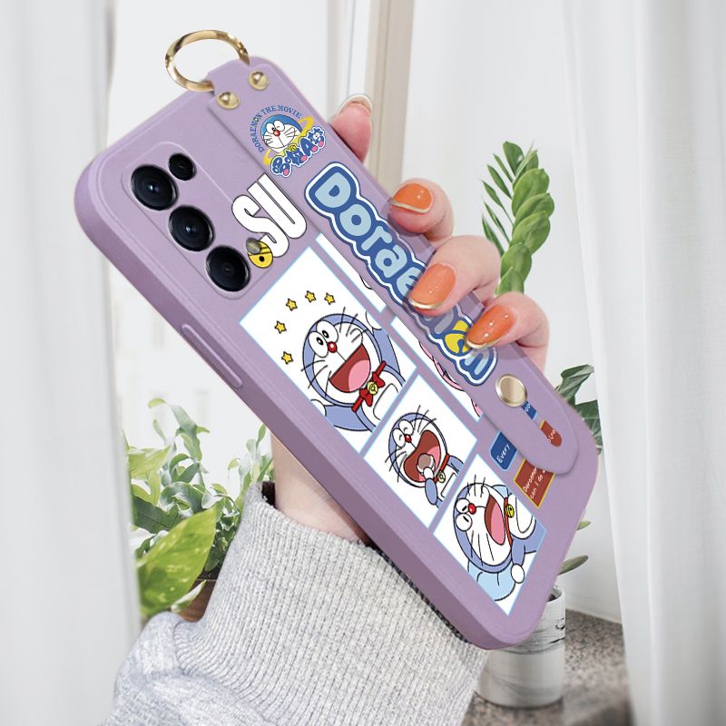 Jizetin for OPPO Reno5 Wrist Strap Case Creative Cartoon Doraemon's Daily Life Cover Ultra Thin Anti Fall Liquid Silicone Phone Case