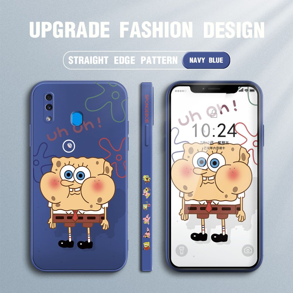 Jizetin for Samsung Galaxy A20 / A30 Case Side Design Phone Cover New Cartoon SpongeBob SquarePants Cover Square Edge Pattern Liquid Silicone Trend Case