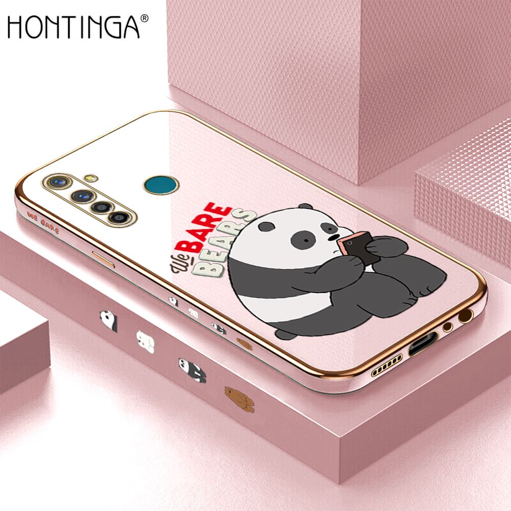 Hontinga for Realme 5 Pro Back Cover + Free Lanyard Luxury 6D Plating Cute Cartoon Panda Side Pattern Case Soft Silicone Square Mobile Cover