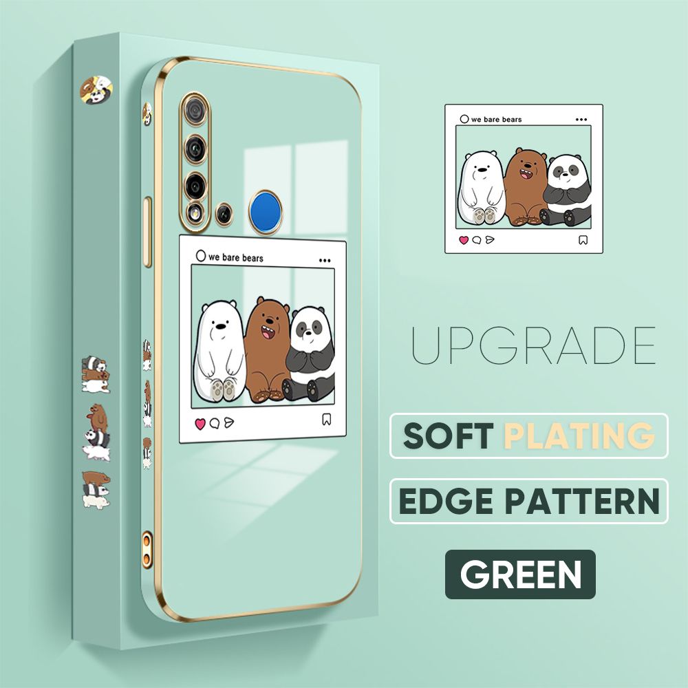 Jizetin (Free Lanyard) Huawei P20 Lite 2019 Cover Bears Photo Luxury 6D Plating Soft Casing Silicone Square Frame Phone Case Shiny Bling Back Cover