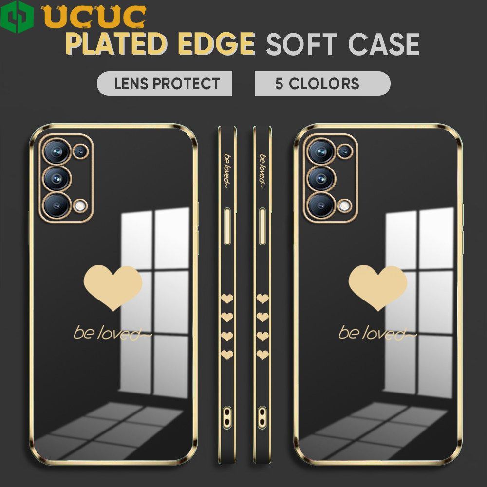 UCUC for OPPO Reno5 Pro 5G Back Cover + Free Lanyard Lover Heart Luxury 6D Plating Case Side Pattern Soft Silicone Square Phone Cases