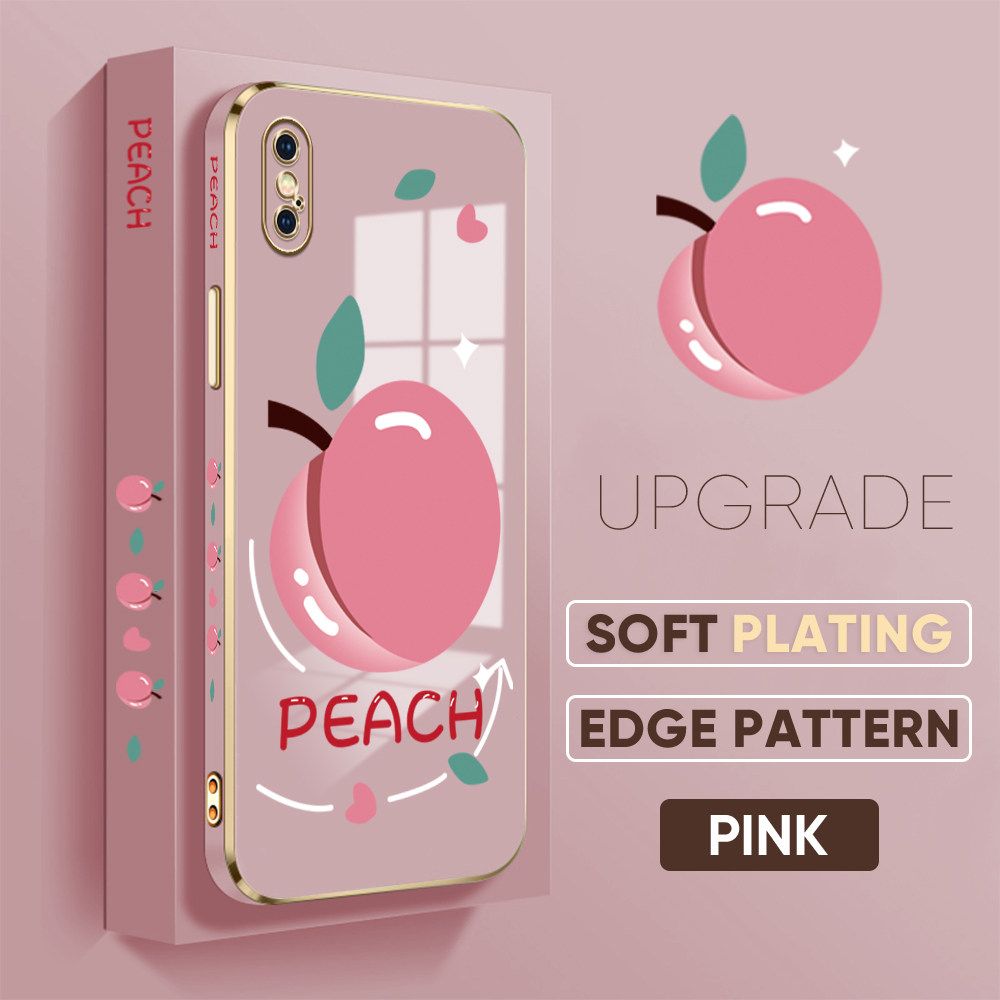 TA for iPhone X XS Back Cover Shiny Peach Luxury 6D Plating Case Side Pattern Soft Silicone Square Phone Case