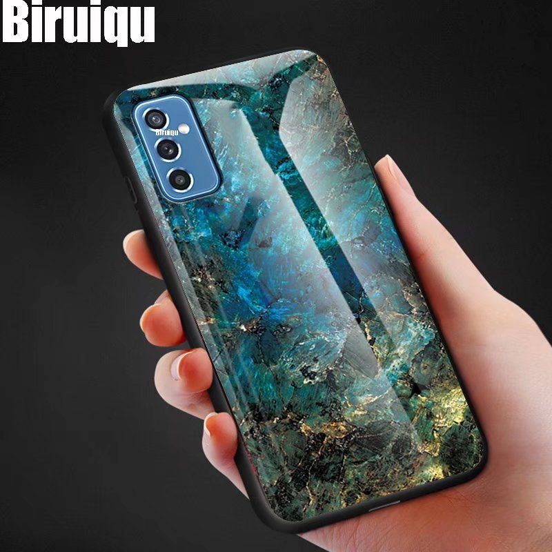 Biruiqu For Samsung Galaxy M52 Shockproof Fashion Marble Tempered Glass Back Case Cover