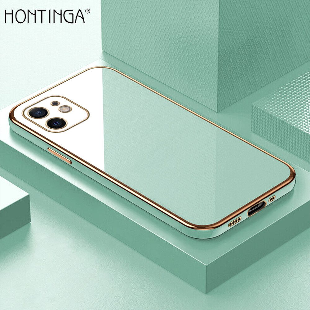 Hontinga for iPhone 12 Mini Back Cover + Free Lanyard Luxury 6D Plating Frame Shiny Bling Case Soft Silicone Square Phone Cases