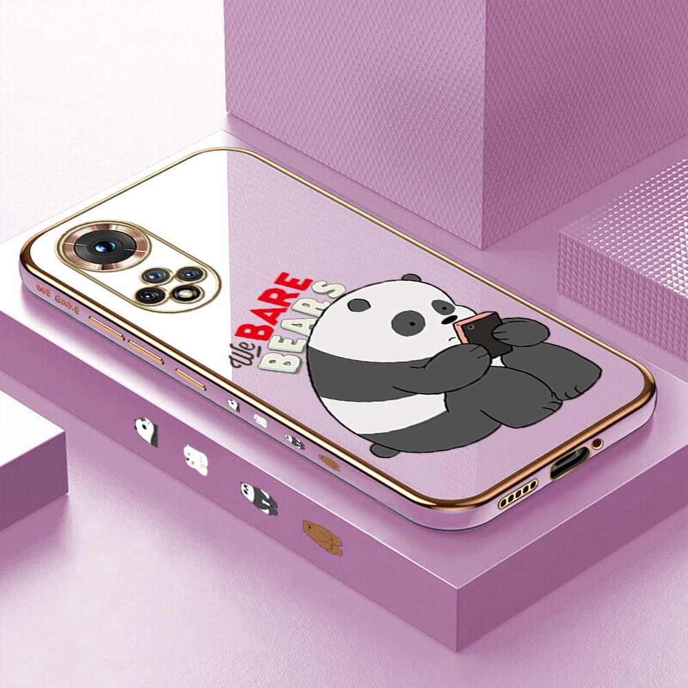 Luxury 6D Plating Case for Honor 50 Cartoon Panda Side Pattern Back Cover Soft Silicone Square Frame Shiny Bling Phone Cases + Free Lanyard