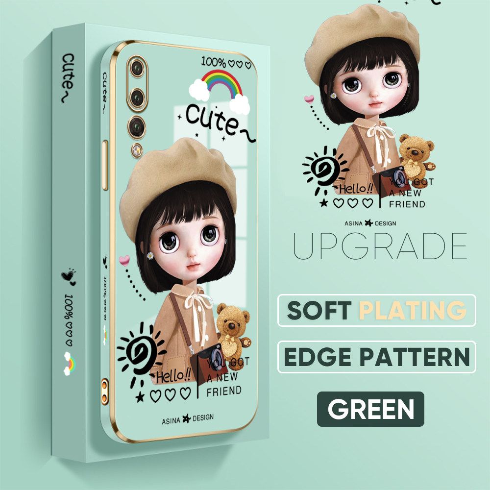 TA for Huawei P20 Pro Back Cover + Free Lanyard Satchel Girl Luxury 6D Plating Case Side Pattern Soft Silicone Square Phone Cases