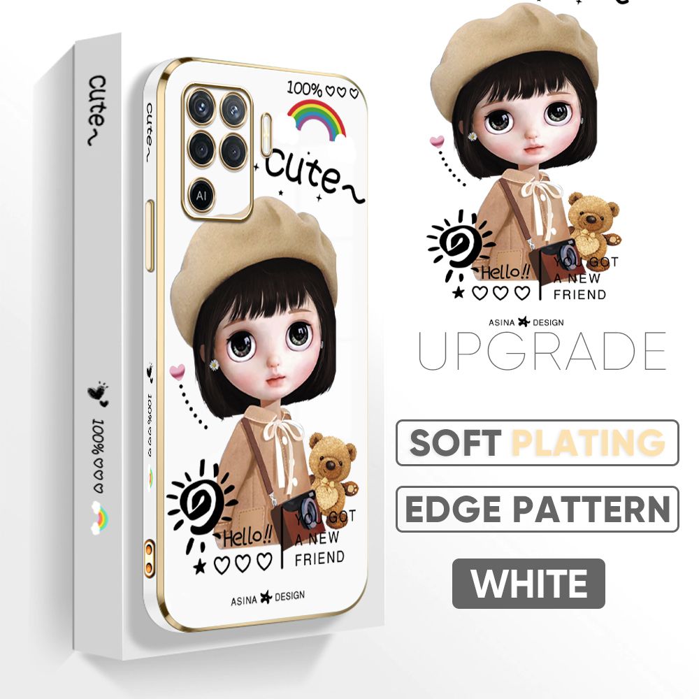 Jizetin (Free Lanyard) OPPO Reno5 F Cover Satchel Girl Luxury 6D Plating Soft Casing Silicone Square Frame Phone Case Shiny Bling Back Cover
