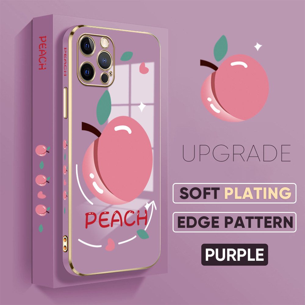 TA for iPhone 12 Pro Back Cover Shiny Peach Luxury 6D Plating Case Side Pattern Soft Silicone Square Phone Case